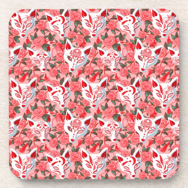 Kitsune Masken und blühende Kamelie auf rosa Getränkeuntersetzer (Vorderseite)