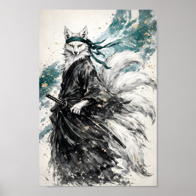 Kitsune Neunschwänziger Fuchs Samurai-Tuschewasch- Poster (Vorne)