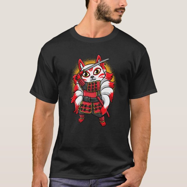 Kitsune Ninja Nine Tailing Fox Japanischer Samurai T-Shirt (Vorderseite)