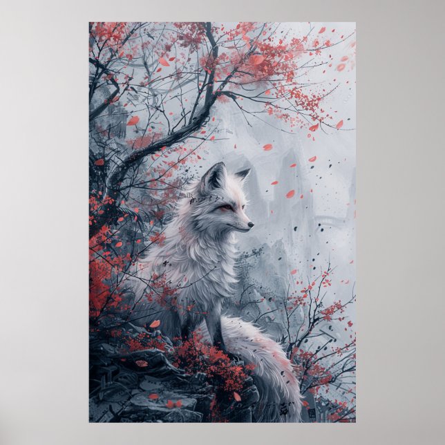  Kitsune Spirit – Japanese Fox in Blossom Forest Poster (Vorne)