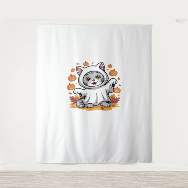 Kitten als Geist zu Halloween Classic T- Wandteppich (Vorderseite)