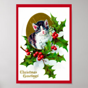 Kitten and Christmas Holly Poster
