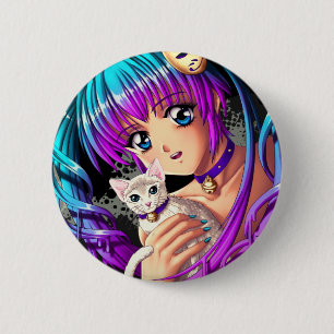 Kitten and Pigtail Manga Girl Button