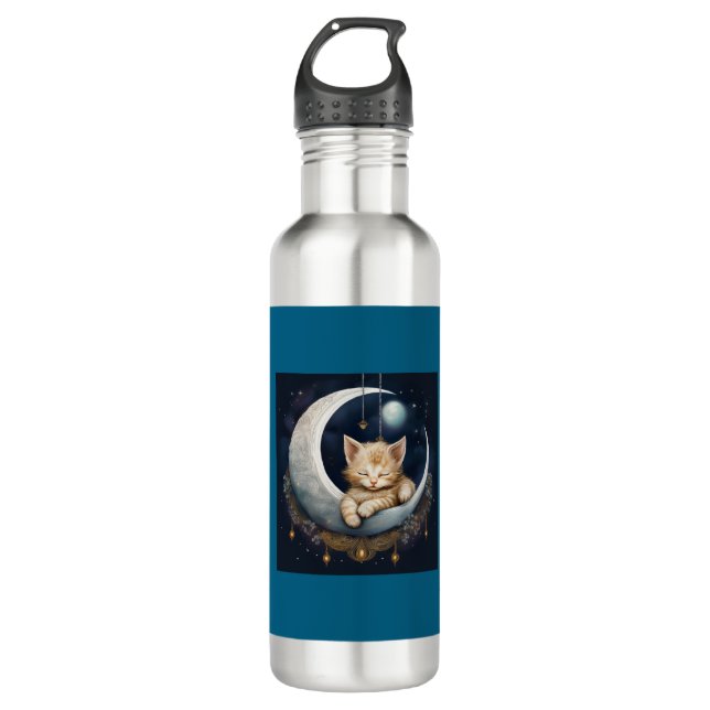 Kitten Asleep auf dem Crescent Moon Objekt Edelstahlflasche (Vorderseite)