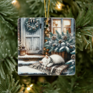 Kitten Asleep auf der festlichen Vorderseite Weihn Keramikornament