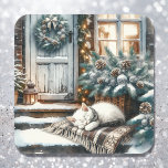 Kitten Asleep auf der festlichen Vorderseite Weihn Quadratischer Aufkleber<br><div class="desc">Weihnachtsticker. Eine süße ai Kunst Aquarell-Illustration eines kleinen weißen Kätzchen schlafen auf einer Decke auf den Stufen einer Front Veranda zu einem alten rustikalen Bauernhaus.</div>
