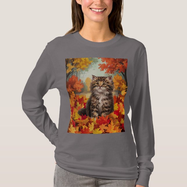 Kitten Autumn Leaves T - Shirt (Vorderseite)