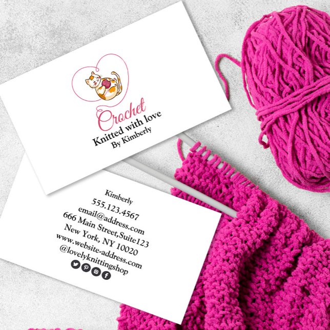Kitten avec coeur crochet Carte de visite (Kitten with heart crochet Business Card #zazzlemade #kittenbusinesscard #crchetbusinesscard #cute)