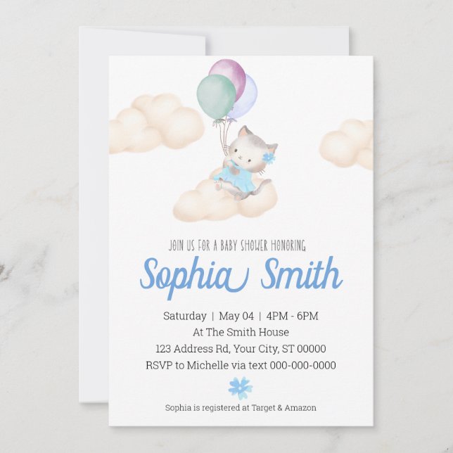 Kitten Baby Girl Baby Shower Balloons Wolken Einladung (Vorderseite)