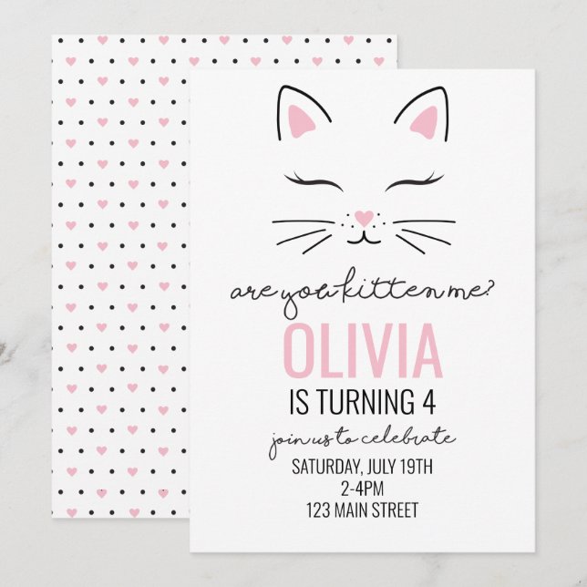 Kitten Birthday Einladen mit rosa Herzen kitschig  Einladung (Vorne/Hinten)