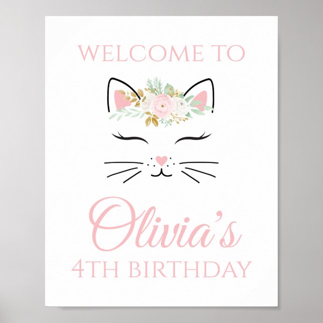 Kitten Birthday Welcome Sign Floral kitty Gesicht Poster (Vorne)