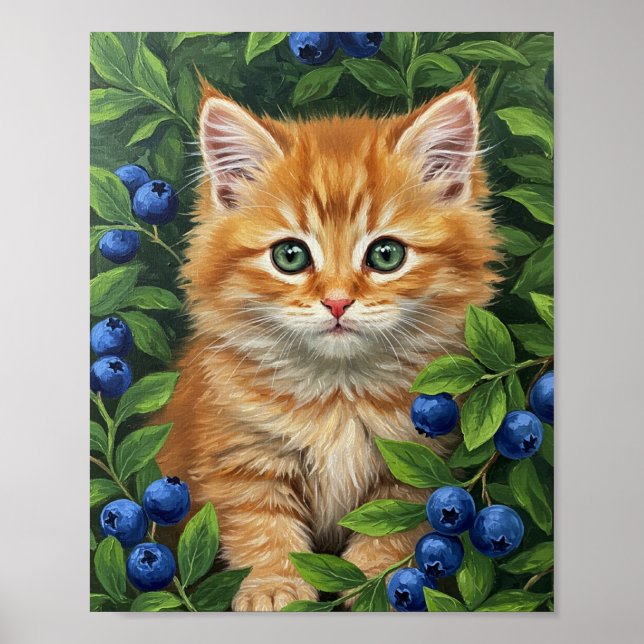 Kitten & Blaubeeren | Ölmalerei Kunst Poster (Vorne)