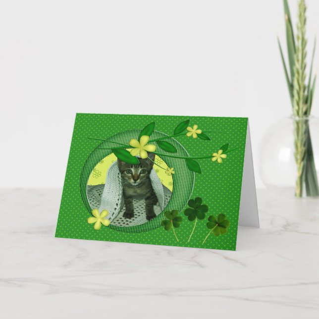 Kitten, Blume, Kleeblatts & Green Polka Dots Card Karte (Vorderseite)