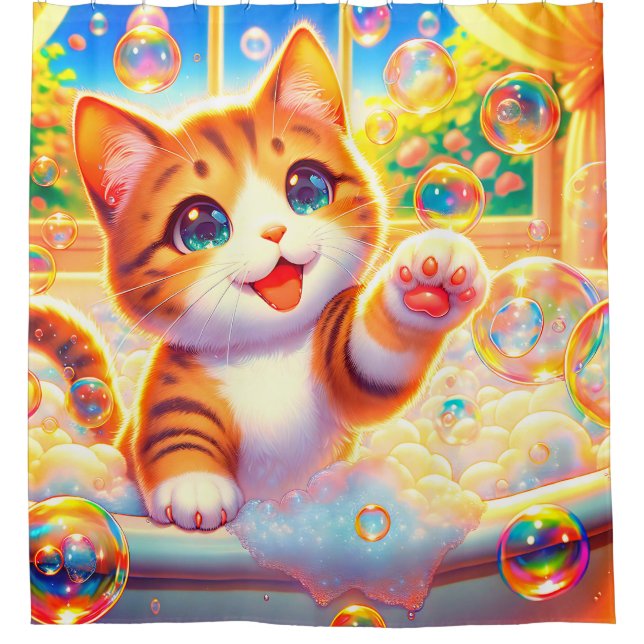 "Kitten Bubble Bliss" Duschvorhang (Vorderseite)