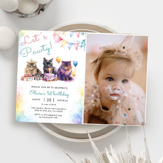 Kitten Cat Let's Pawty 1. Geburtstag Party Foto Einladung