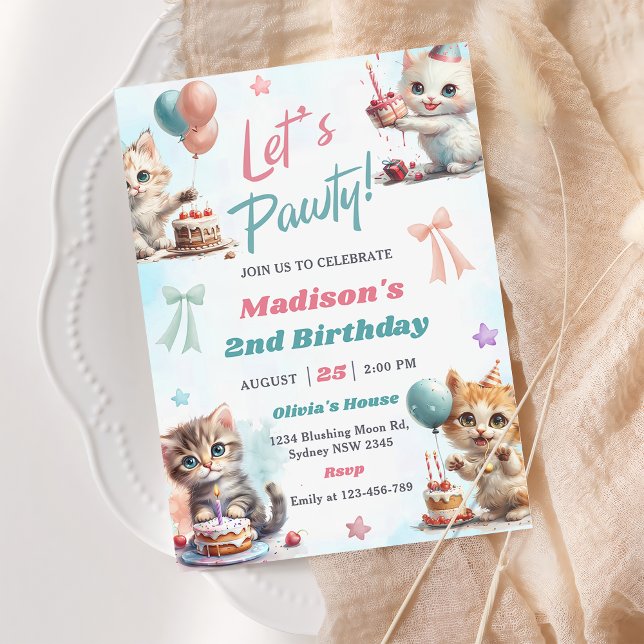 Kitten Cat Let's Pawty 2. Geburtstag Party Einladung (Von Creator hochgeladen)