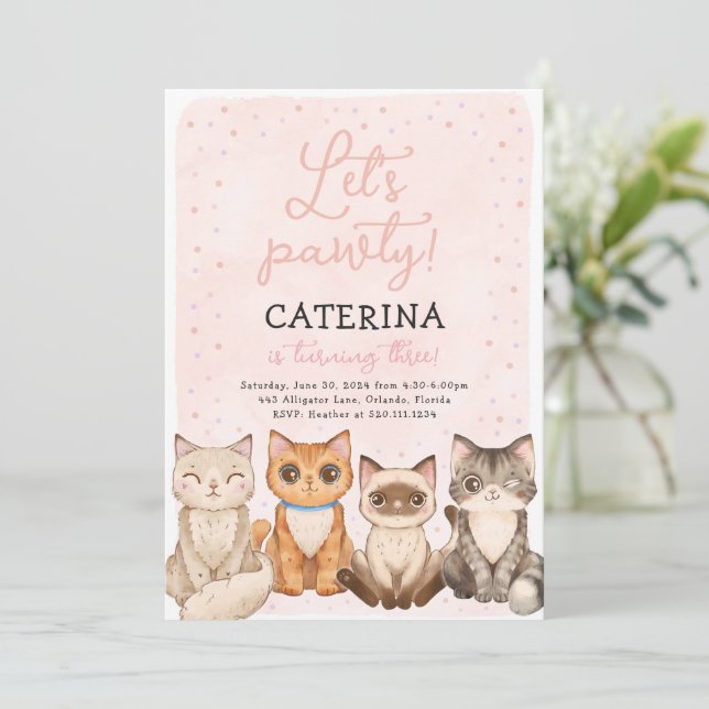 Kitten Cat Let's Pawty Birthday Einladung (Stehend Vorderseite)