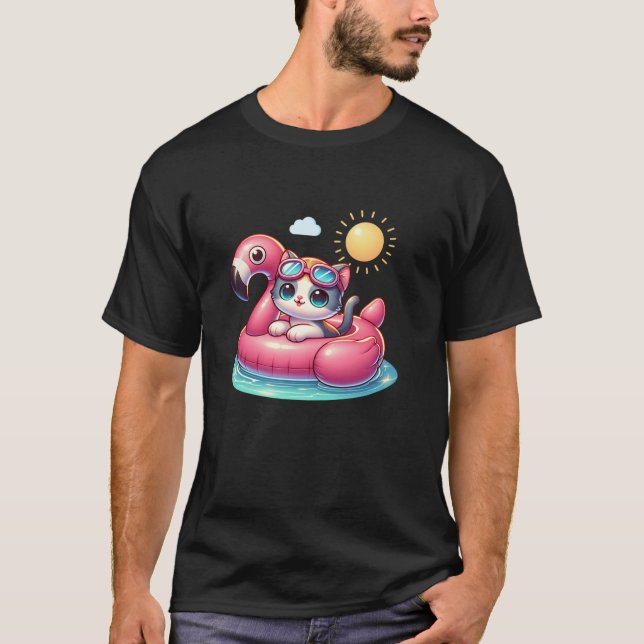 Kitten Cat Pink Flamingo Summer Vibes Beach Lover T-Shirt (Vorderseite)