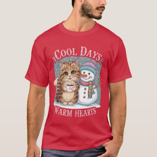 Kitten Cat und Snowman Friends Share Coffee Winter T-Shirt
