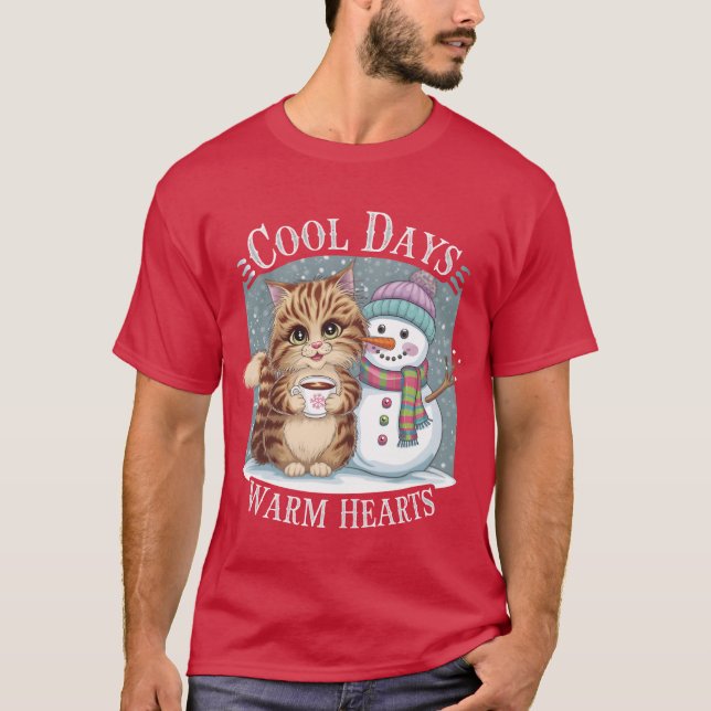 Kitten Cat und Snowman Friends Share Coffee Winter T-Shirt (Vorderseite)
