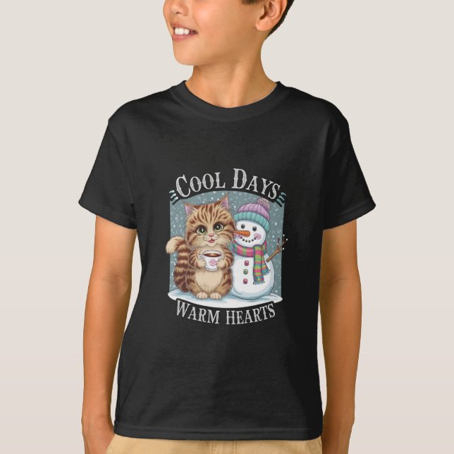 Kitten Cat und Snowman Friends Share Coffee Winter T-Shirt (Vorderseite)