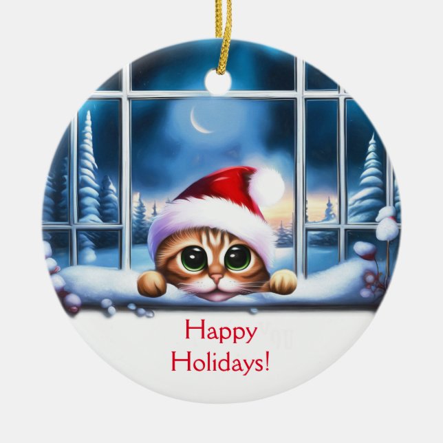 Kitten Cat Weihnachten durch Fenster schauen Keramik Ornament (Vorne)