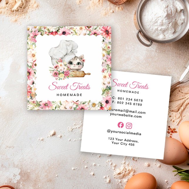 Kitten Chef Bakery Pink Quadratische Visitenkarte (Von Creator hochgeladen)