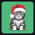 Kitten Christmas Quadratischer Aufkleber<br><div class="desc">sehr niedliches Kätzchen mit einer Weihnachtsmannmütze. Die Hintergrundfarbe kann geändert werden.</div>