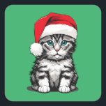 Kitten Christmas Quadratischer Aufkleber<br><div class="desc">sehr niedliches Kätzchen mit einer Weihnachtsmannmütze. Die Hintergrundfarbe kann geändert werden.</div>