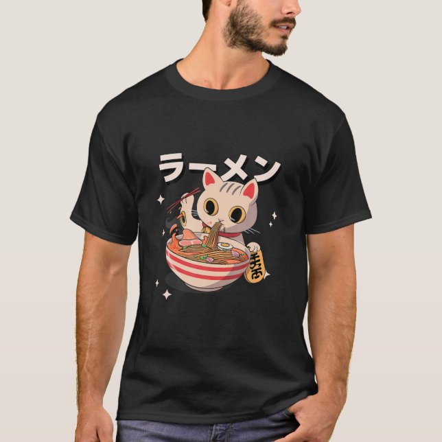 Kitten Eating Ramen Japanisch Niedlich Kawaii Anim T-Shirt (Vorderseite)
