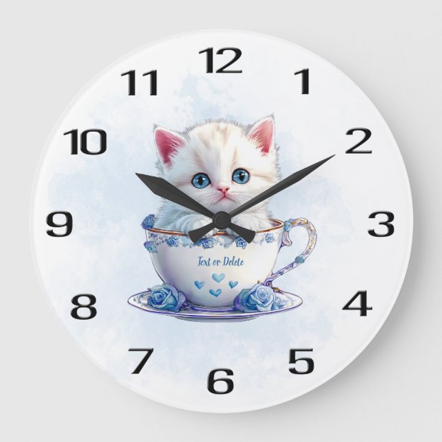 Kitten en Coupe Fleurs Bleues Horloge murale (Recto)