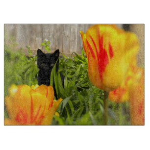 Kitten im Tulips Glass Cutting Board Schneidebrett