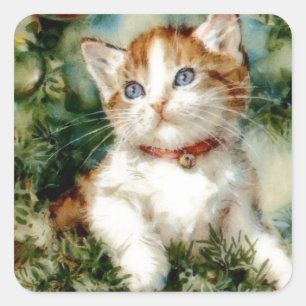Kitten im Weihnachtsbaum Quadratischer Aufkleber
