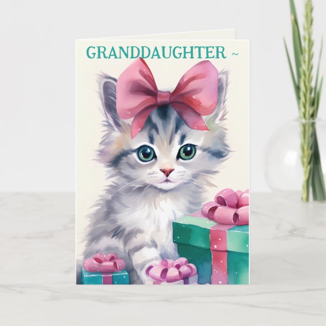 KITTEN IN BOW GRANDAUGHTER CHRISTMAS CARD DANKESKARTE (Vorderseite)