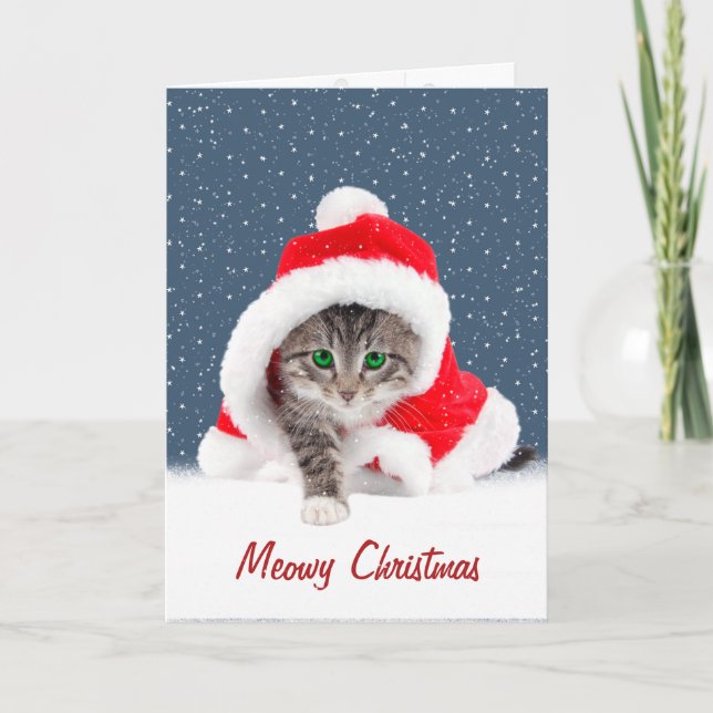 Kitten in Christmas Weihnachtsmannmütze und Snowfl Karte (Vorderseite)