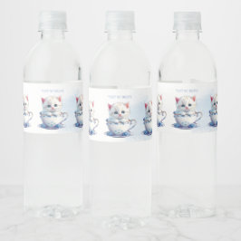 Kitten in Cup Blue Blumen Wasserflasche Etikett
