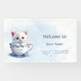Kitten in Cup Blue Flowers Babydusche Banner