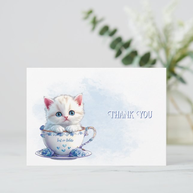 Kitten in Cup Blue Flowers Danke Karte (Stehend Vorderseite)
