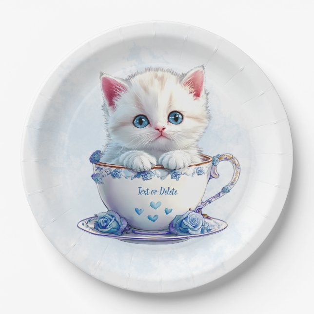 Kitten in Cup Blue Flowers Papierplatte Pappteller (Vorderseite)
