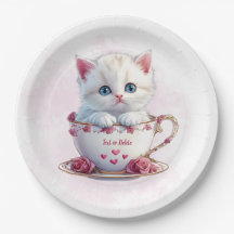Kitten in Cup Pink Blume Papierplatte
