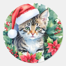 Kitten in der Weihnachtsmannmütze Weihnachtskunst Runder Aufkleber