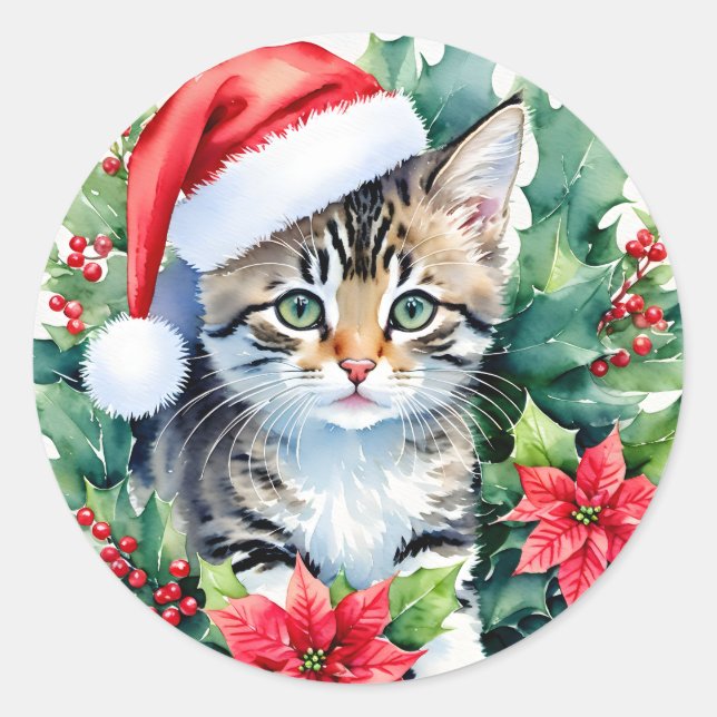 Kitten in der Weihnachtsmannmütze Weihnachtskunst Runder Aufkleber (Vorderseite)