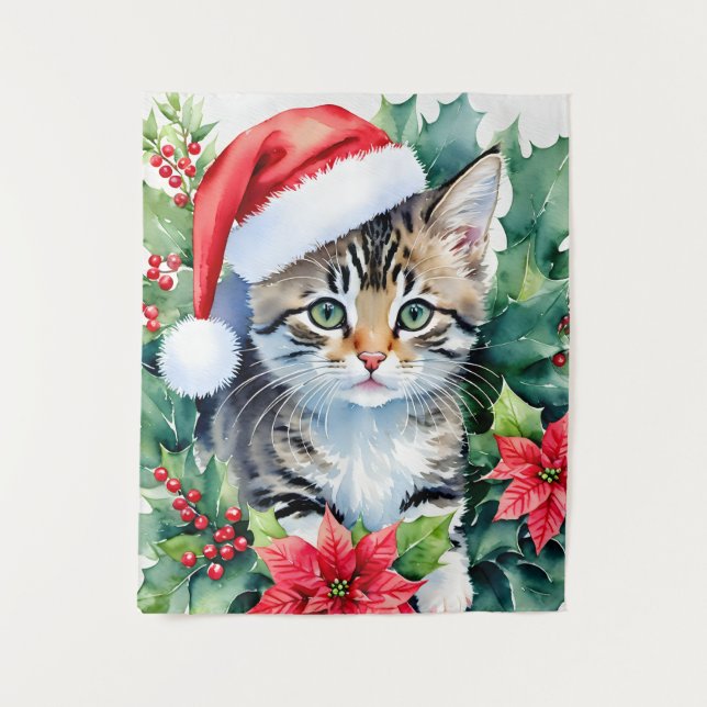 Kitten in der Weihnachtsmannmütze Weihnachtskunst Wandteppich (Vorderseite)