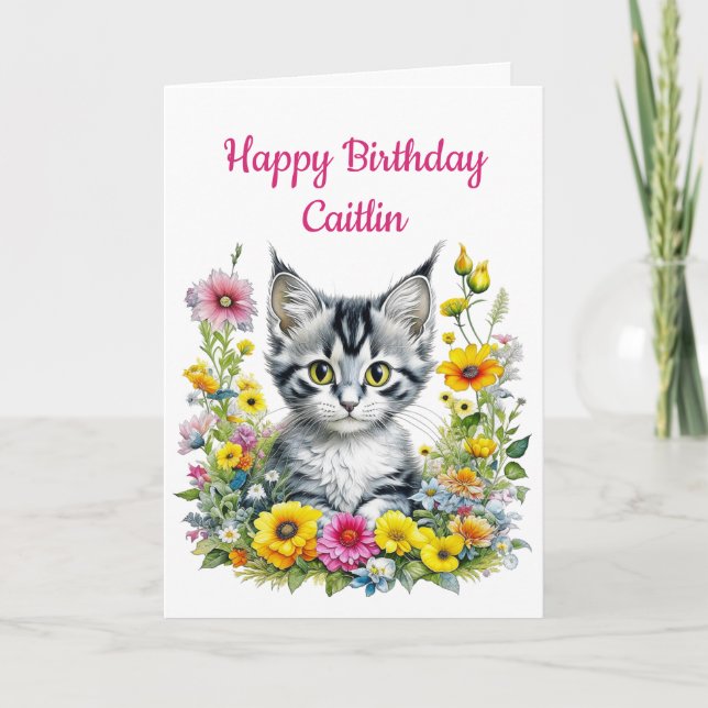Kitten in gelben Blumen Personalisiert Geburtstag Karte (Vorderseite)