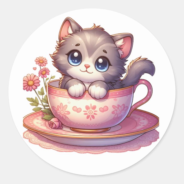 Kitten in Teebecher Sticker (Vorderseite)