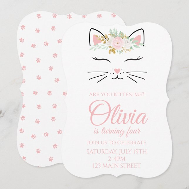 Kitten Invitation d'anniversaire avec un visage ki (Devant / Derrière)