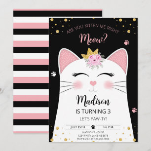 Kitten Meow Birthday Black Einladung