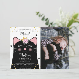 Kitten Meow Birthday Black Foto Einladung