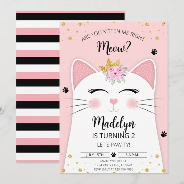 Kitten Meow Birthday Pink Einladung (Vorne/Hinten)