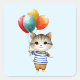 Kitten mit Birthday Balloons | Niedliches Party Ce Quadratischer Aufkleber